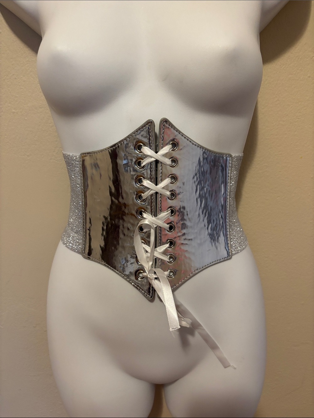 Silver Metallic Lace-Up Waist Corset Belt
